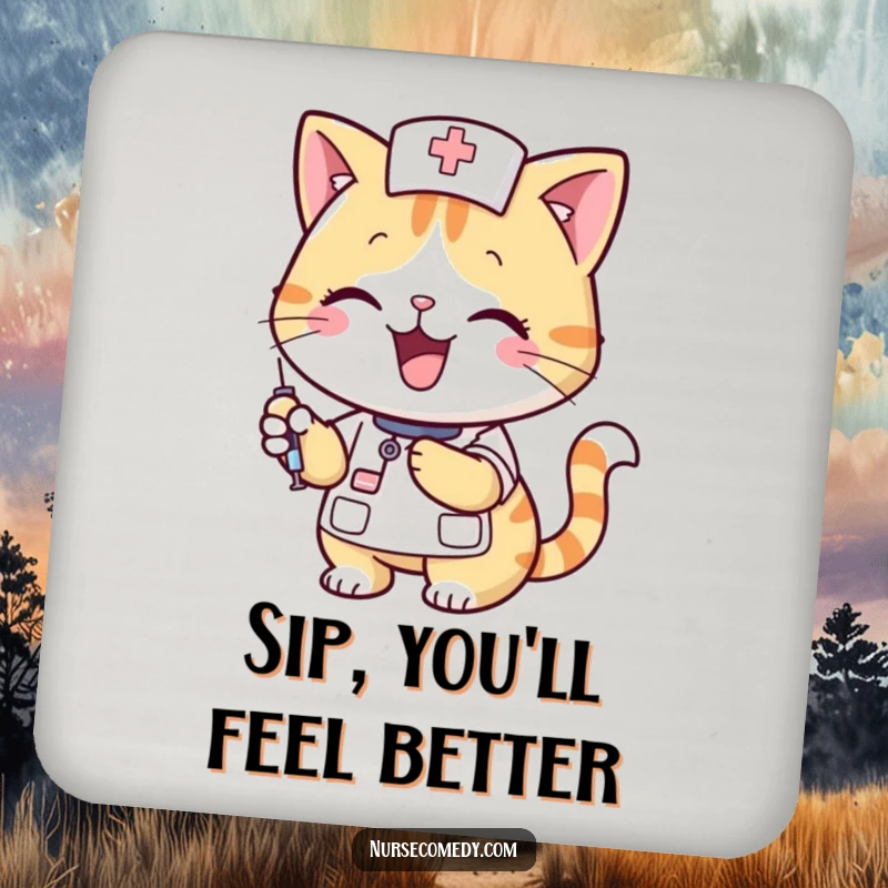 Funny cat nurse holding a syringe on a drink coaster, adding a humorous and caring touch to beverage service, a nice funny gift.