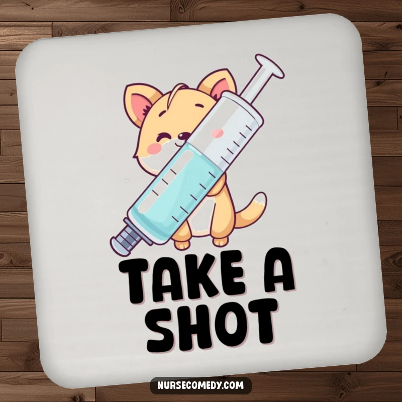 Funny animal character peeking from behind a giant syringe, protective drink coaster, adds humor to tables.