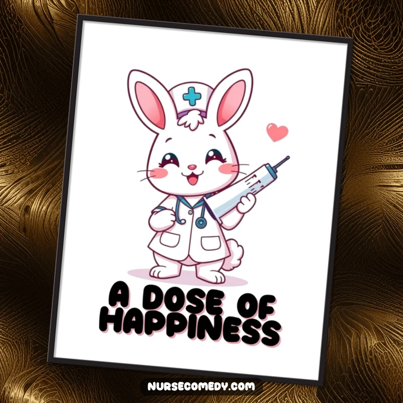 Funny, smiling kawaii bunny nurse holding a giant syringe, presented as humorous wall art.