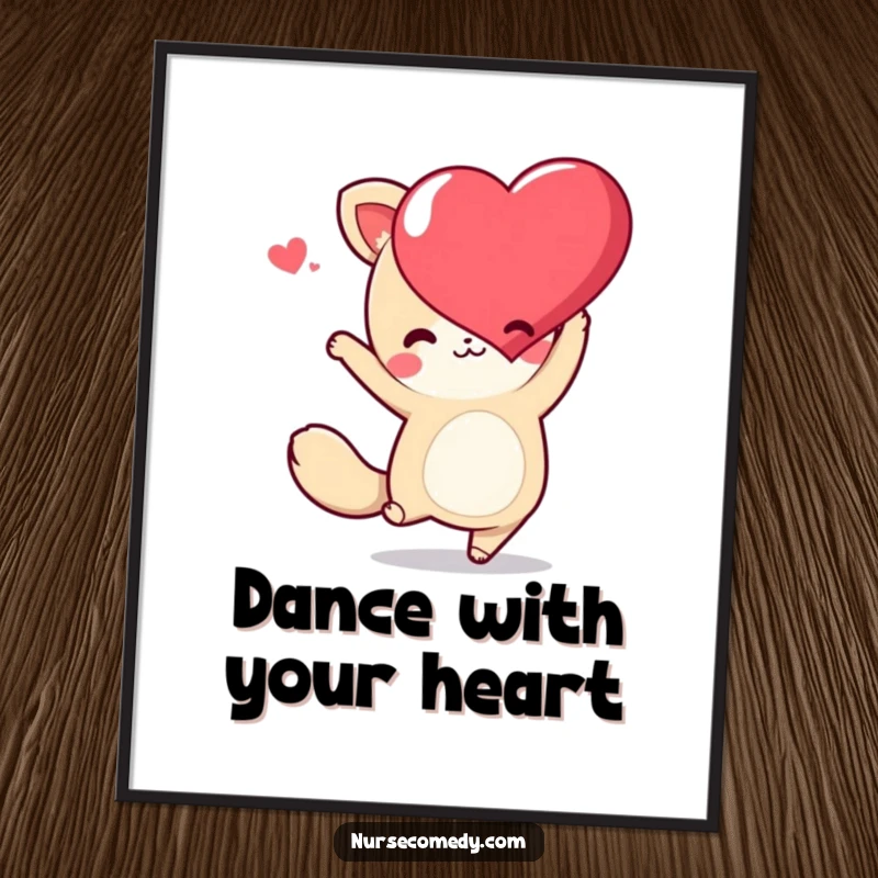 Funny Kawaii Animal Poster showing a cute character in a joyful dance with a heart, perfect for energetic wall decor.