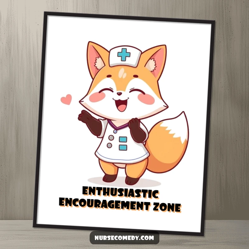 Funny Fox Nurse Poster: Charming animal doctor giving a happy pat on the back, spreading positivity and delight.