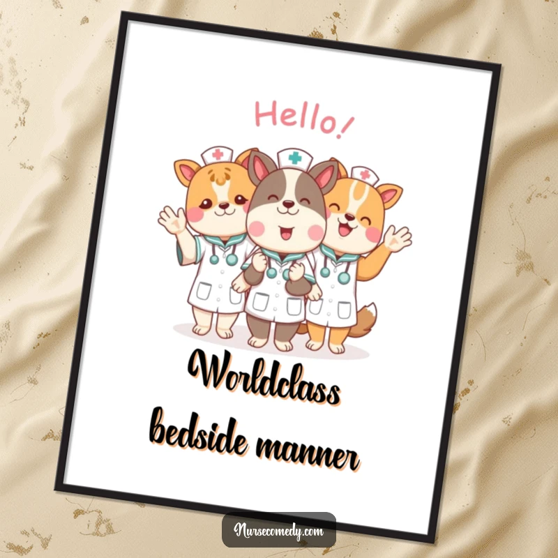 Funny animal nurse characters collectively waving hello, creating a cheerful and welcoming atmosphere on a wall poster.