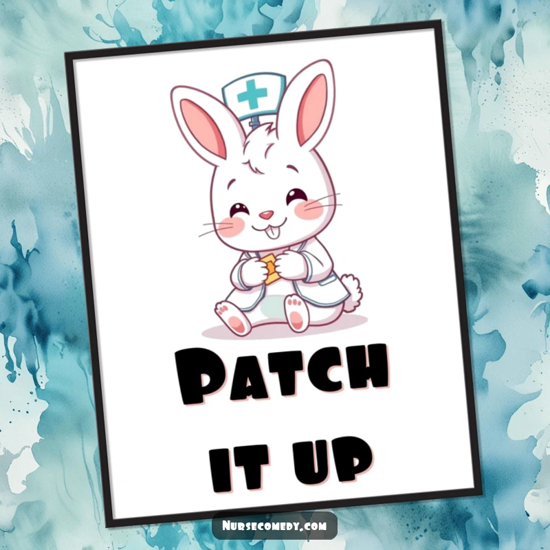 Funny Bunny Nurse Poster: A cheerful cartoon bunny nurse happily bandages a tiny patient, creating a heartwarming and humorous piece of art.