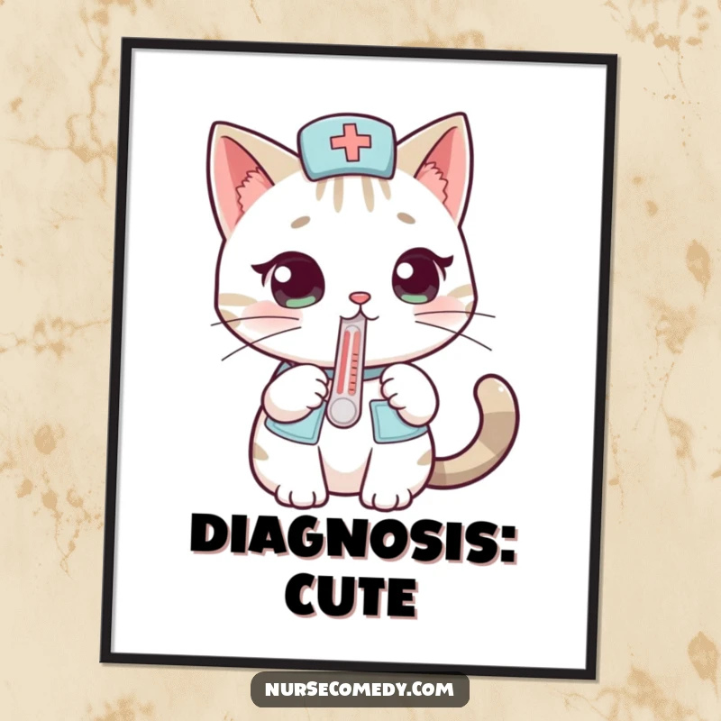 Funny cat nurse poster featuring a curious cat with a thermometer, adding a touch of humor and personality to any room.