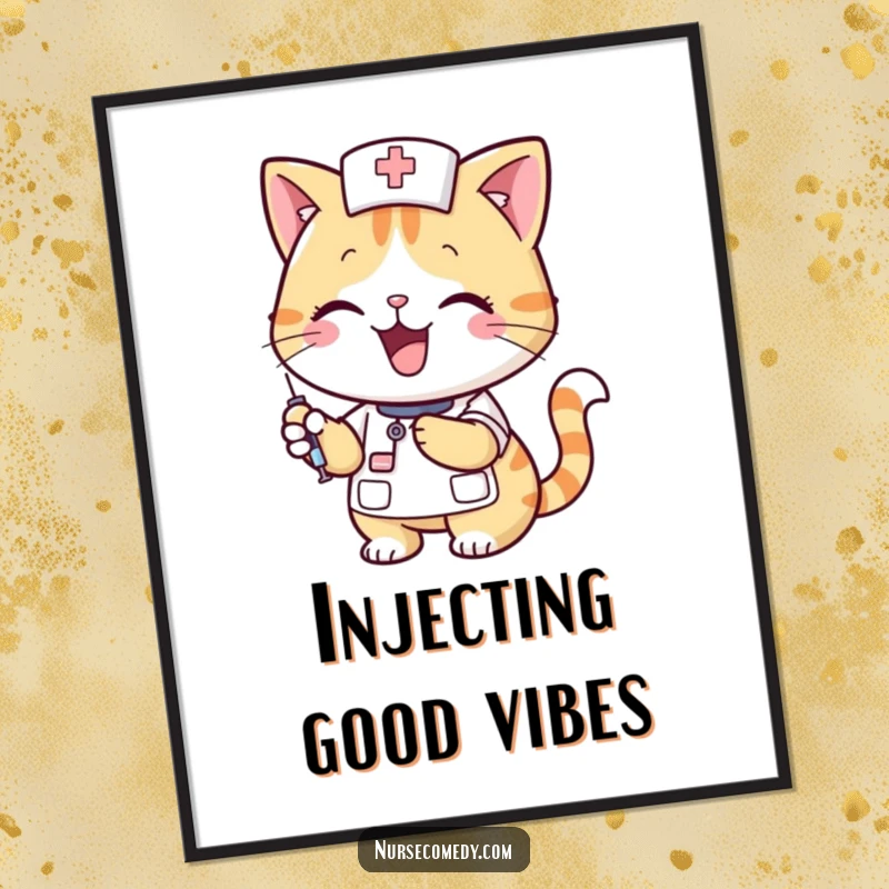 A happy cat nurse character smiling while holding a syringe, creating a humorous poster, ideal for adding cheer and a funny gift.