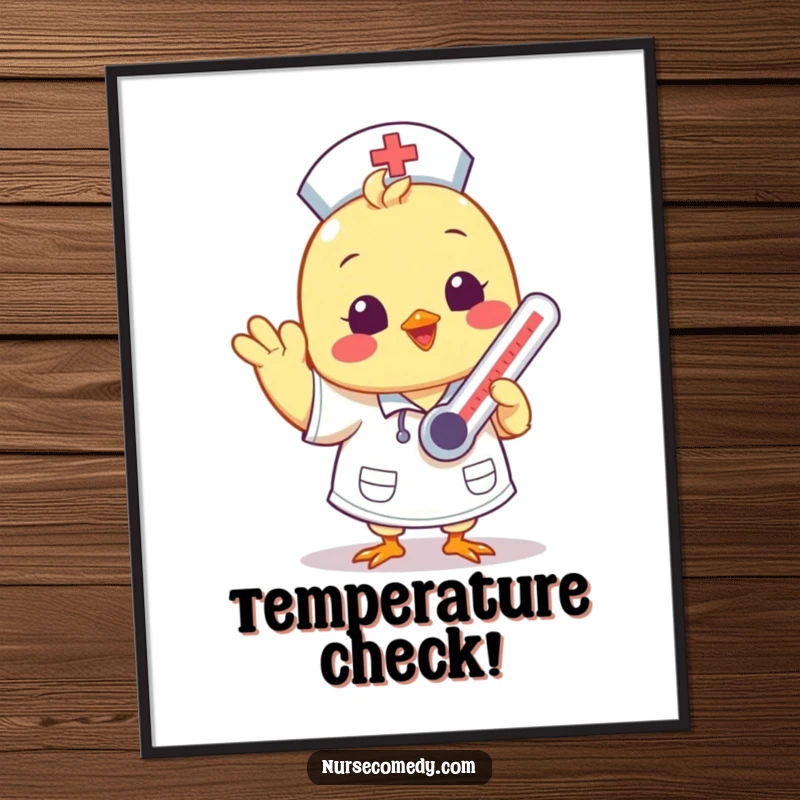 Funny Kawaii chick nurse character waving with a thermometer as a poster print, cheerful art.