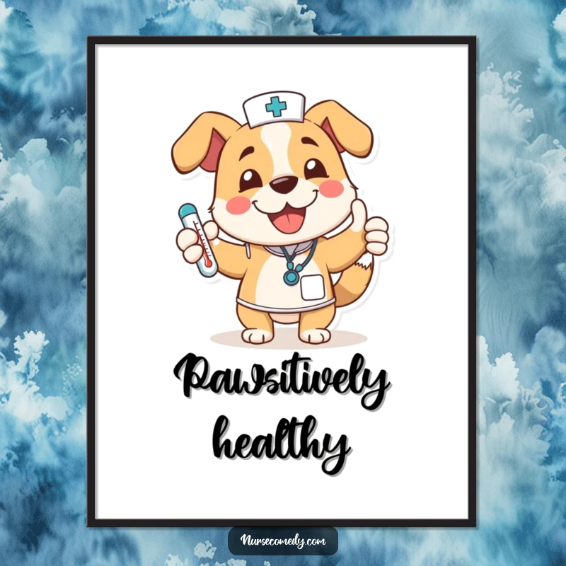 Funny dog nurse character artwork on a poster, wagging tail, thumbs up, thermometer, conveying health and happiness, perfect for clinics.