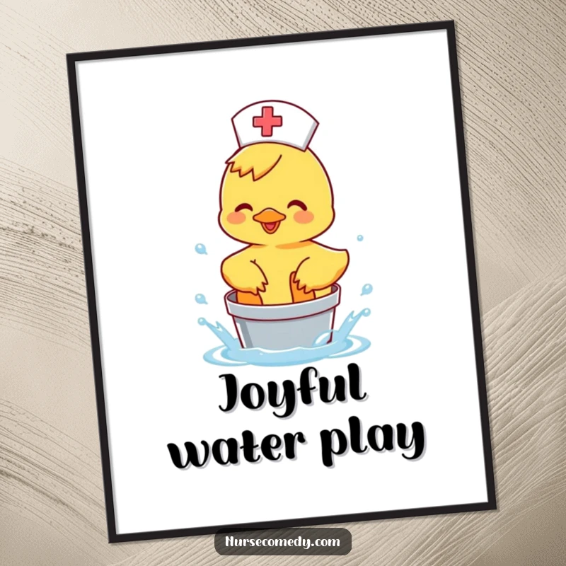 Funny Duck Nurse Poster print of a happy duck splashing water, a whimsical medical art funny gift.