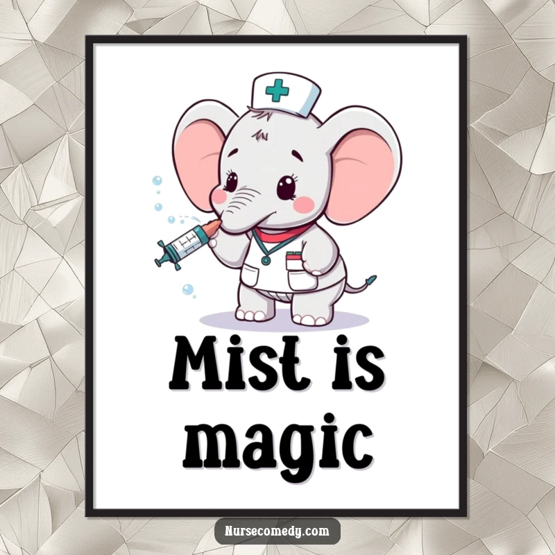 Funny elephant nurse character artwork on a poster, spraying water from a syringe, cheerful and whimsical, ideal for nursery or office decor.