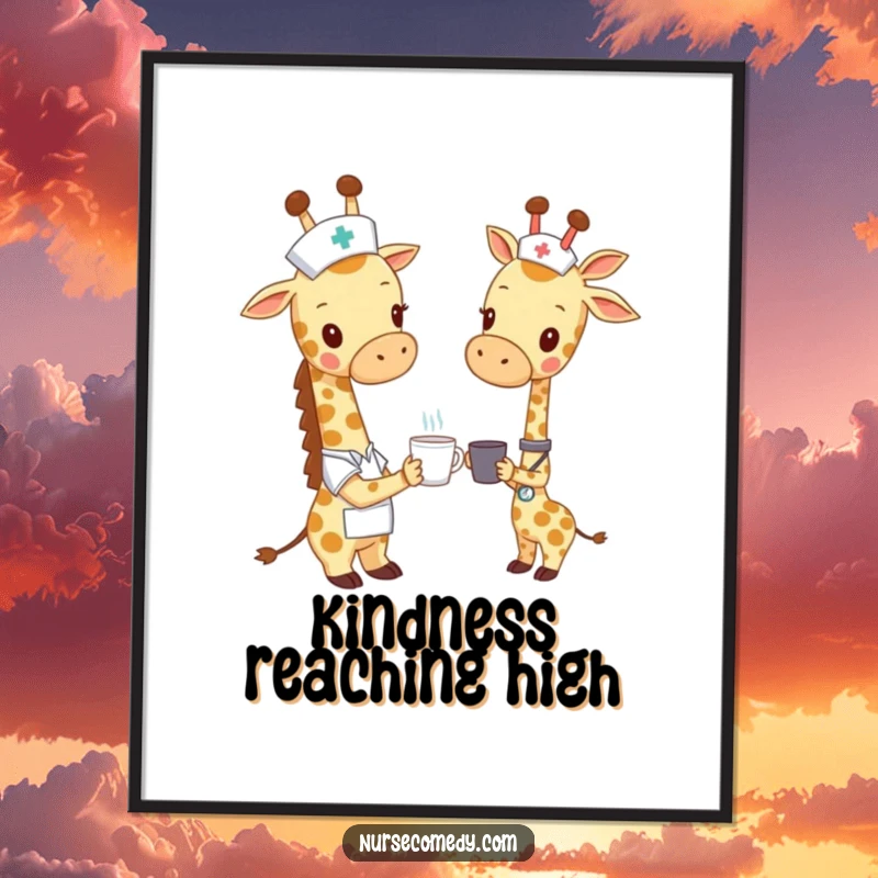 Funny giraffe nurse poster, a tall giraffe in nursing attire offering a tiny cup, bringing a humorous and heartwarming visual to any space.
