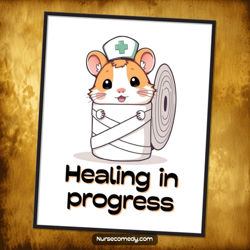 Funny Hamster Nurse Poster showing a curious hamster nurse hiding behind a giant bandage roll, ideal for decor.