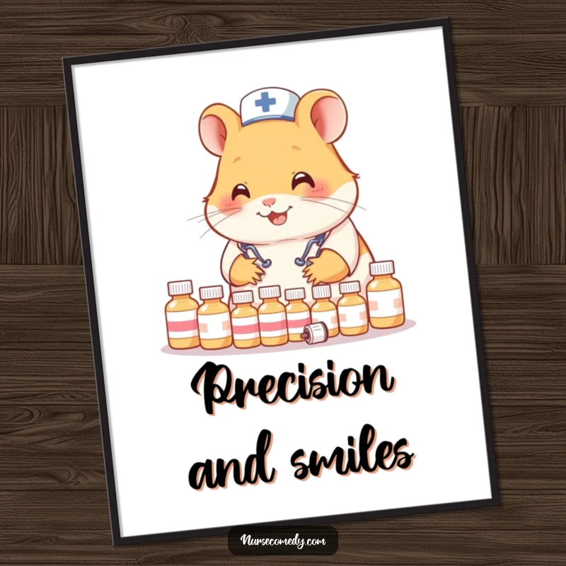 Funny Hamster Nurse Poster: Whimsical art of a smiling hamster doctor meticulously organizing tiny medicine bottles.