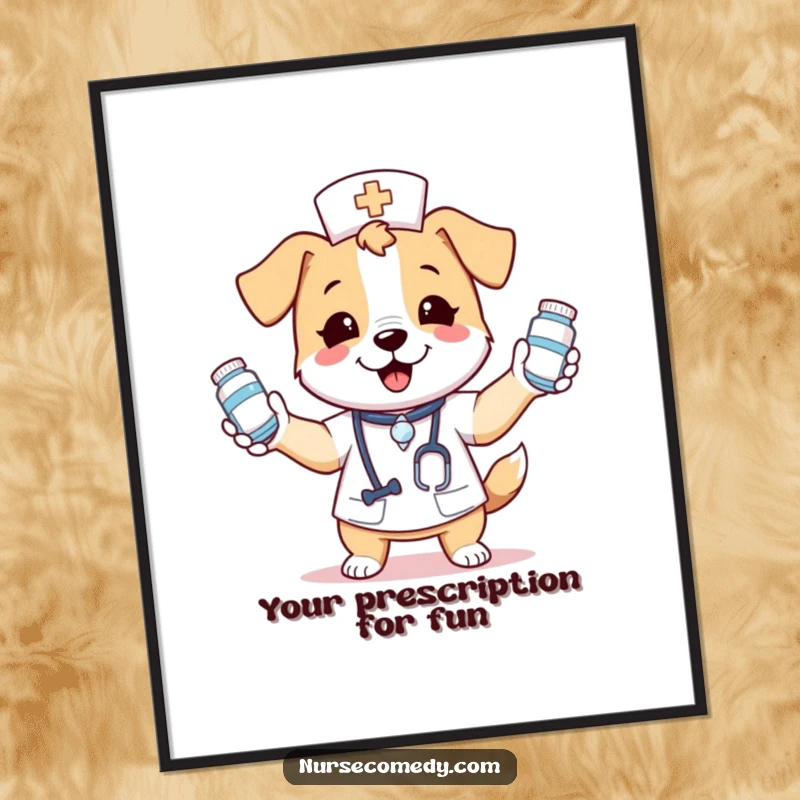Funny poster print of a kawaii dog nurse character performing an impressive juggling act with multiple medicine bottles, radiating pure happiness.