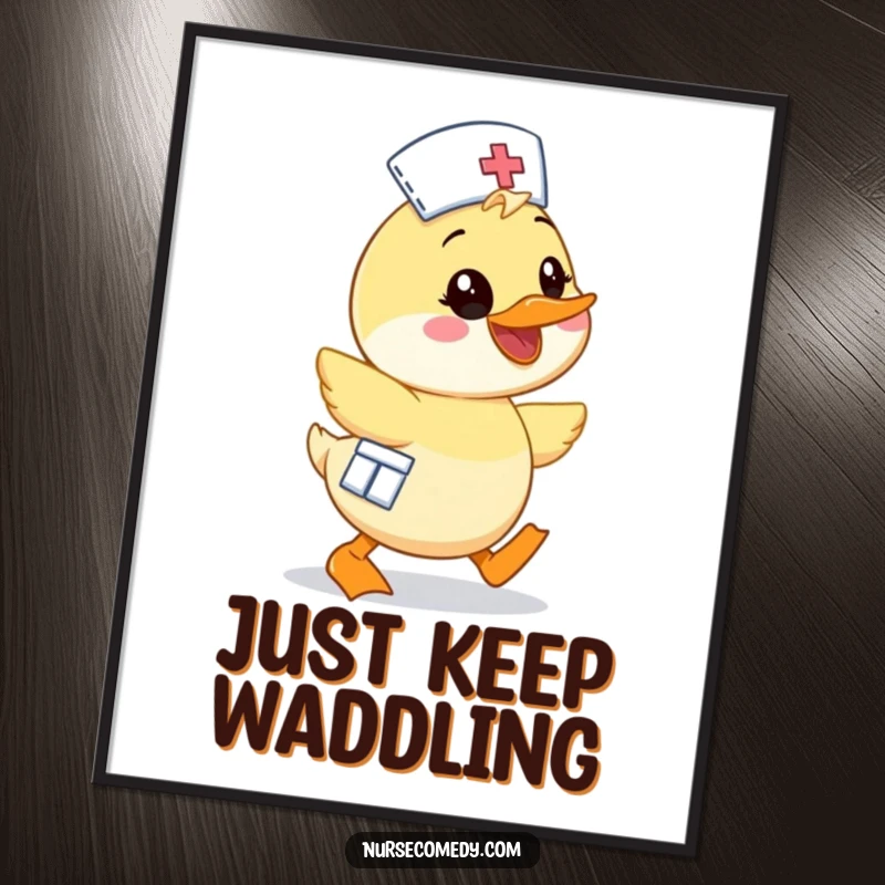 Funny Kawaii Duck Nurse Poster, cute cartoon duck waddling enthusiastically with a bright smile, cheerful wall decor piece.