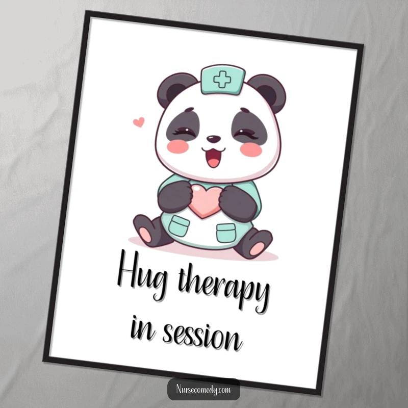 Funny Kawaii Panda Nurse Poster, cute cartoon panda giving a big hug, heart on chest, cheerful wall decor for any room.