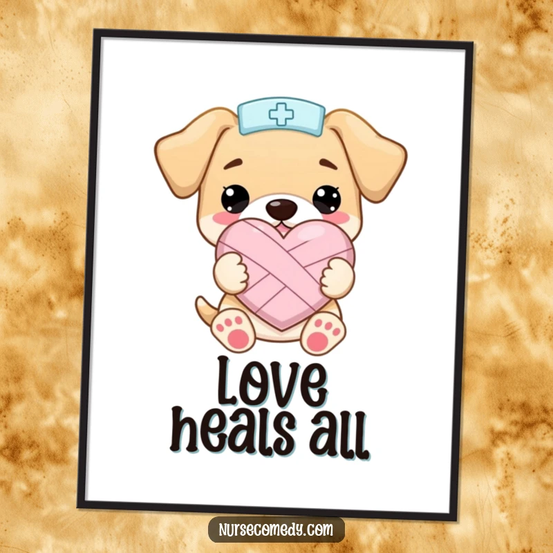 Funny Kawaii Puppy Nurse PosterHolding a Bandaged Heart Shape with Joy, Cheerful Wall Art, Funny Gift