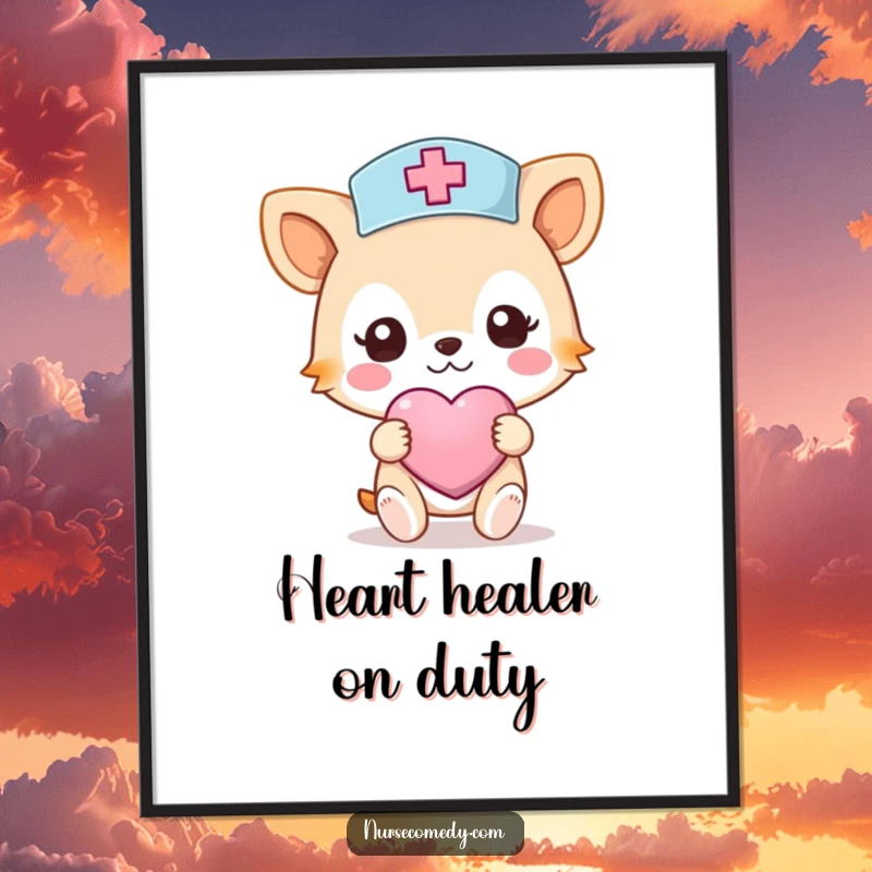 Funny Nurse Animal Poster: Wall art of a cute animal character in nurse attire holding a heart-shaped bandage.