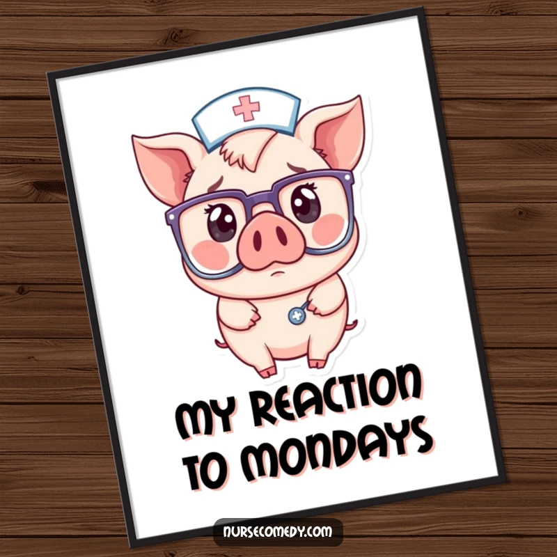 Funny wall art print of a kawaii pig nurse peering through oversized glasses, her expression one of comical, wide-eyed surprise and bewilderment.