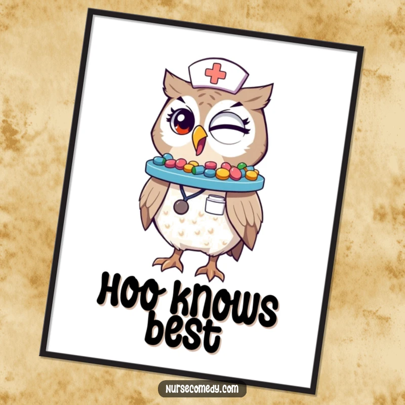 Funny Winking Owl Nurse Poster: A detailed illustration of a winking owl nurse precariously balancing a tray full of pills on its beak.