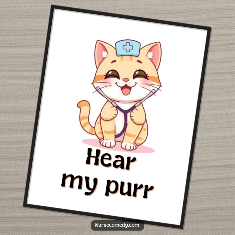 Funny cat nurse poster showing a smiling cat with a stethoscope, bouncing playfully, a humorous and heartwarming piece of art.
