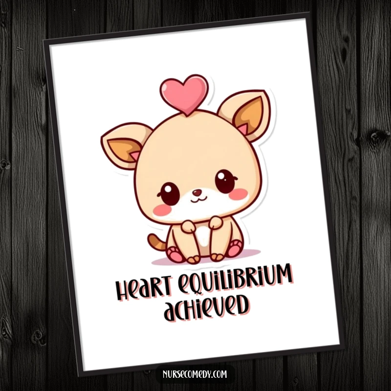 Funny Kawaii Animal Poster featuring a cute character balancing a heart on its head with a playful expression, vibrant wall art.