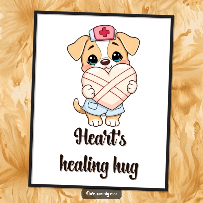 Funny Kawaii Puppy Nurse Poster: A delightful illustration of a small puppy in nurse attire holding a bandaged heart, radiating warmth and kindness.
