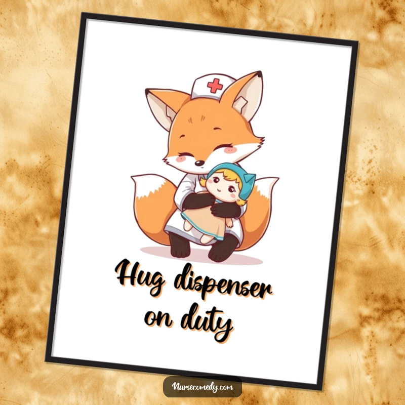 Funny fox nurse character offering a comforting hug to a doll, displayed as charming wall art, perfect for adding warmth.