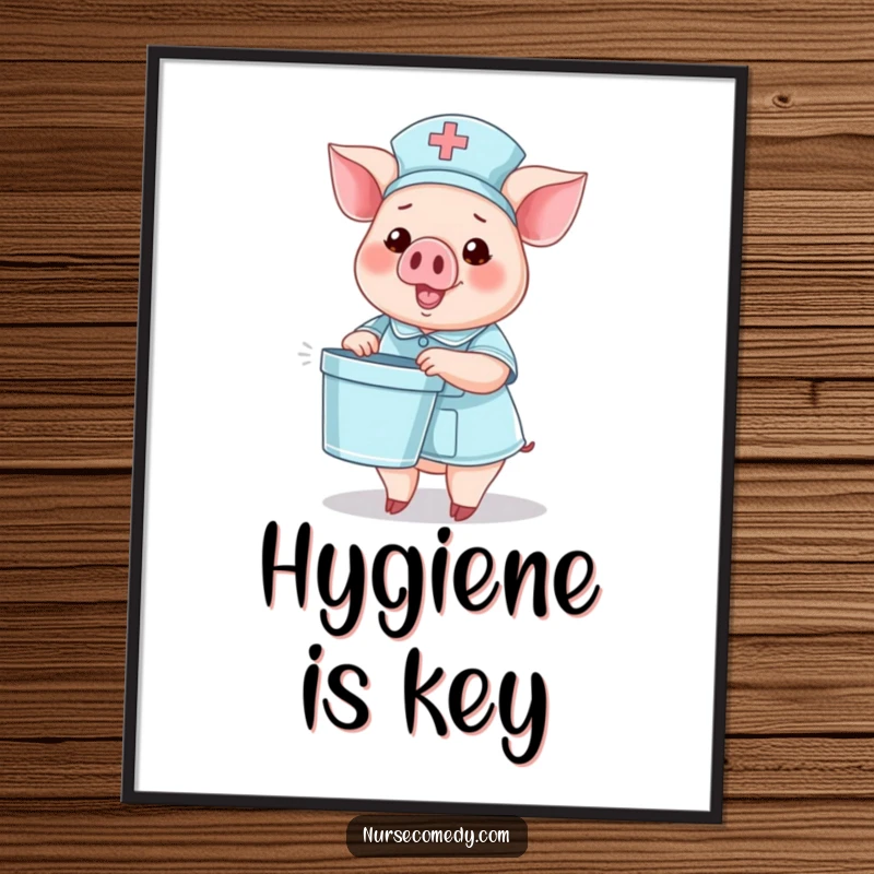 Funny poster of a pig nurse character holding a tiny bedpan and waving, celebrating cheerful healthcare.