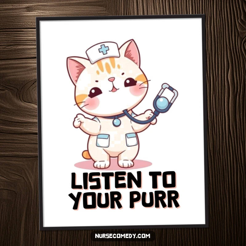 Funny kawaii cat nurse poster gleefully bouncing a stethoscope like a toy, creating a lively and humorous atmosphere.