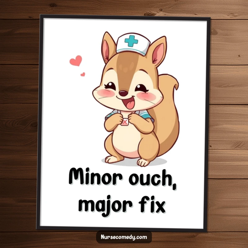 Funny squirrel nurse character enthusiastically bandaging a minuscule boo-boo, ideal for humorous wall decor.