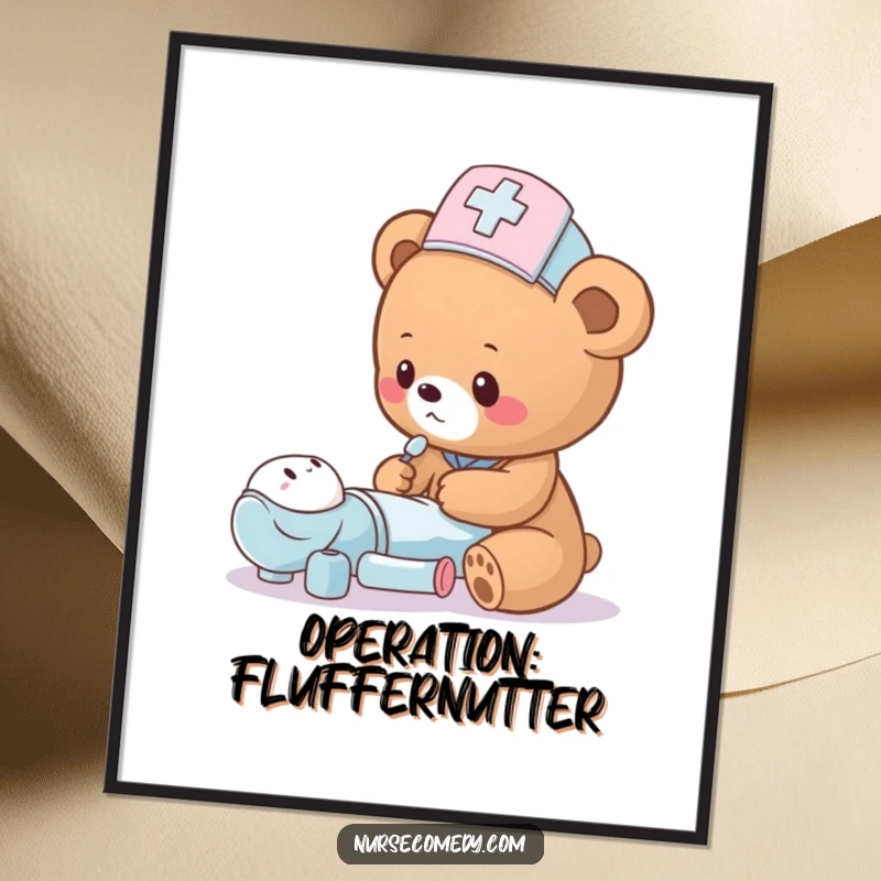 Funny illustration of a bear cub nurse in a hat checking a toy patient, ideal for humorous wall decor.