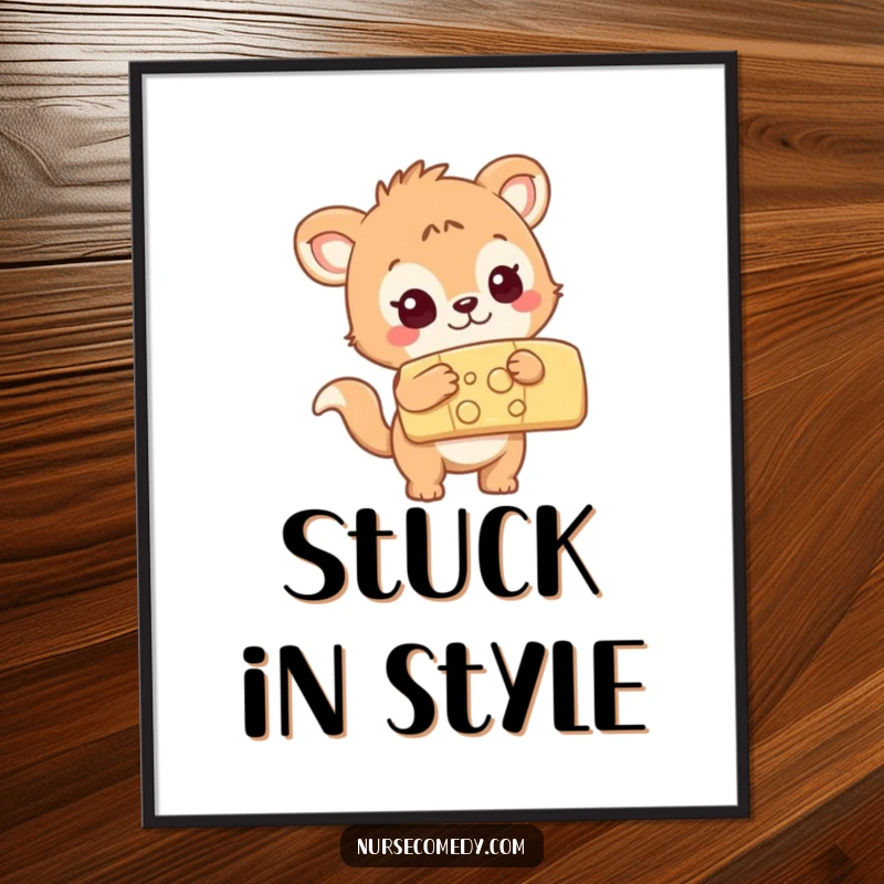 Funny curious animal character examining a large colorful bandage, charming poster, humorous wall art.