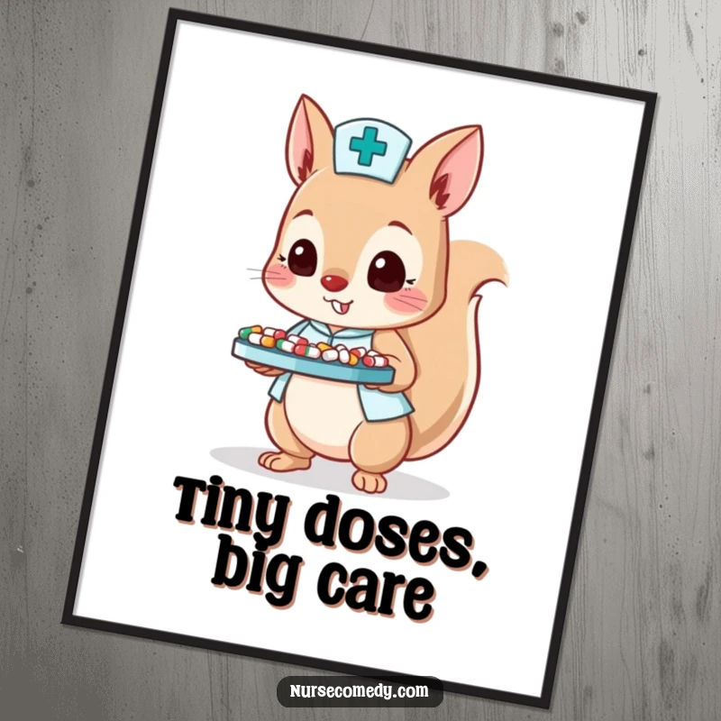 Funny poster of a squirrel nurse character balancing a tray of tiny pills, celebrating efficient healthcare.