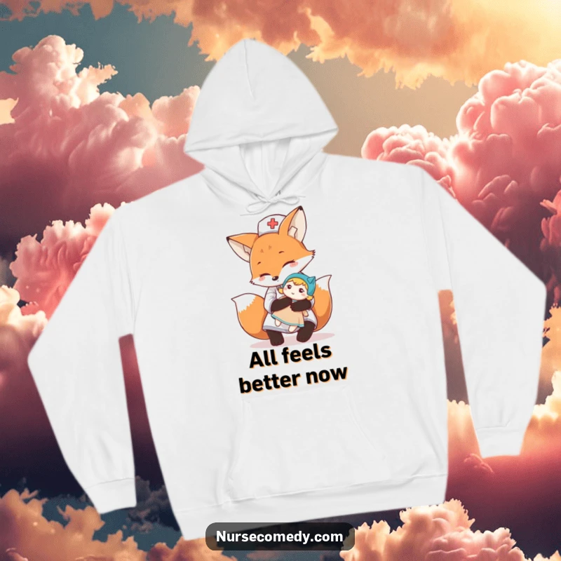 Funny fox nurse character offers a gentle, comforting hug to a doll on a warm hoodie, a perfect cozy and funny gift.