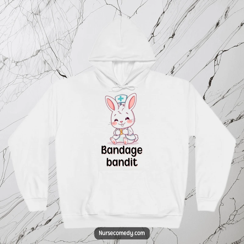 Funny Bunny Nurse Hoodie: A sweet cartoon bunny in scrubs gently tends to a tiny patient, offering comfort and warmth in this cozy hoodie.