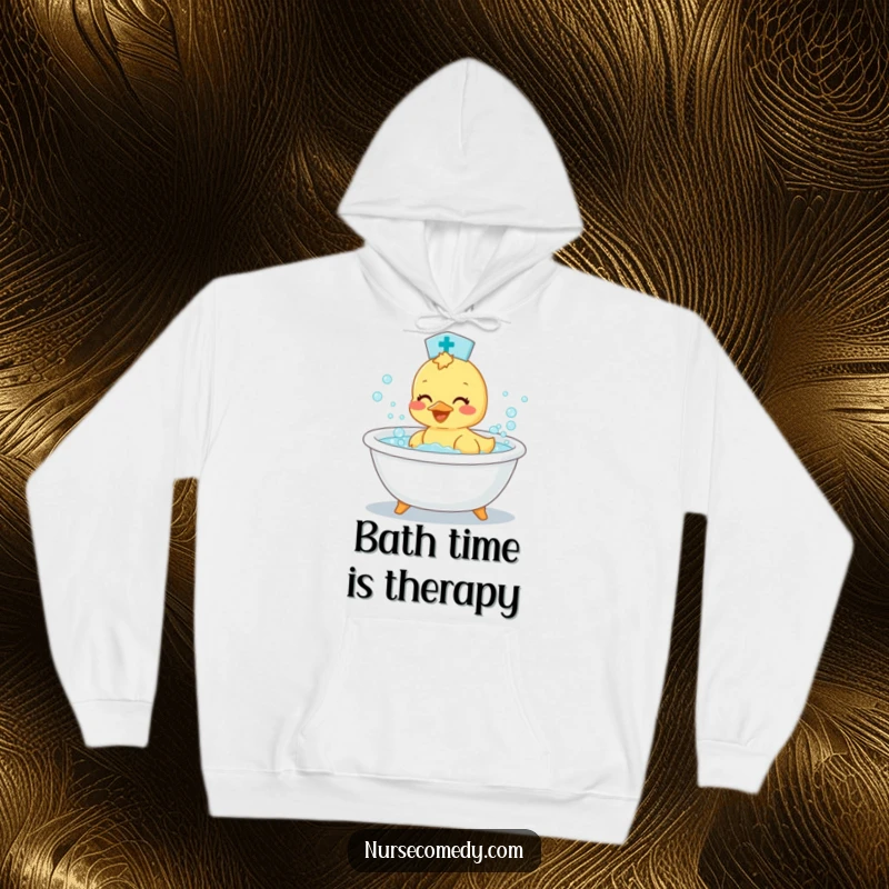 Funny Duckling Nurse Hoodie: Soft, warm hoodie featuring a happy baby duck doctor enjoying a bubbly bath.