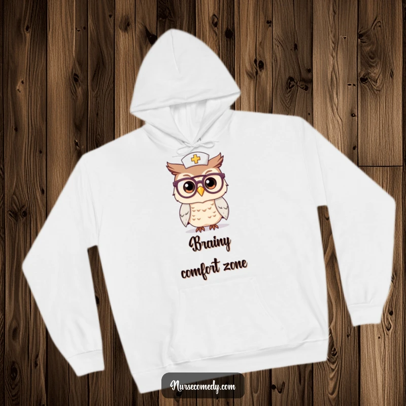 Funny Kawaii Owl Nurse Hoodie: A warm and fuzzy hoodie featuring a smiling owl nurse character wearing large spectacles, perfect for cozy, intelligent comfort.