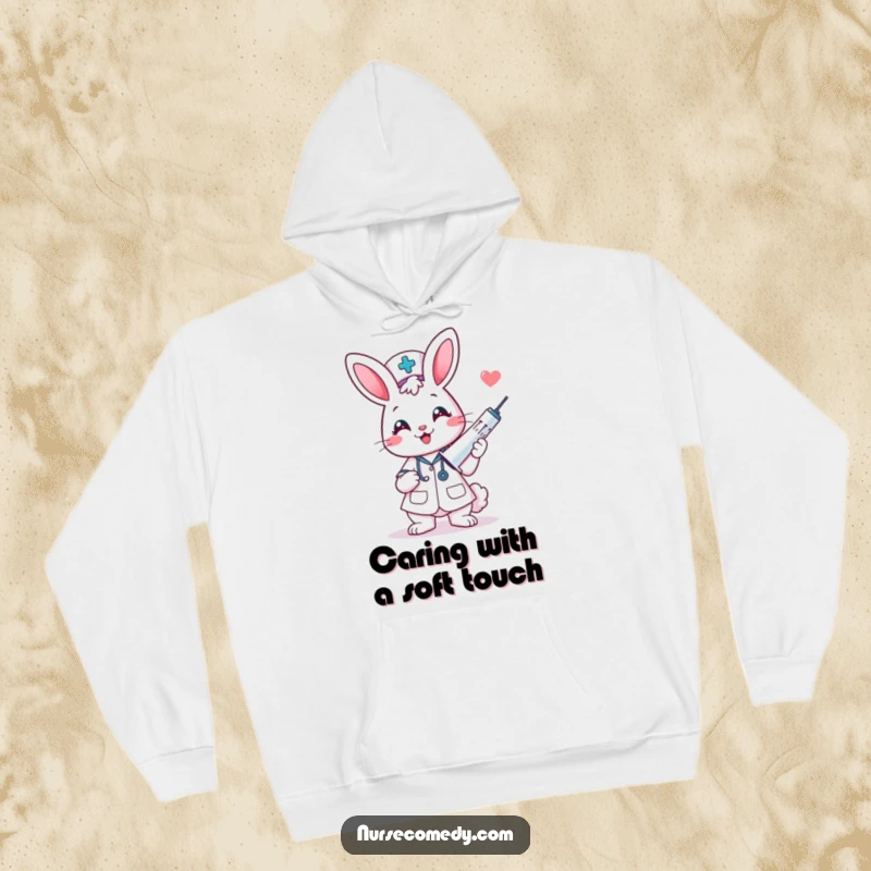 Funny kawaii bunny nurse holding a huge syringe with a cheerful expression, cozy and humorous hoodie design.