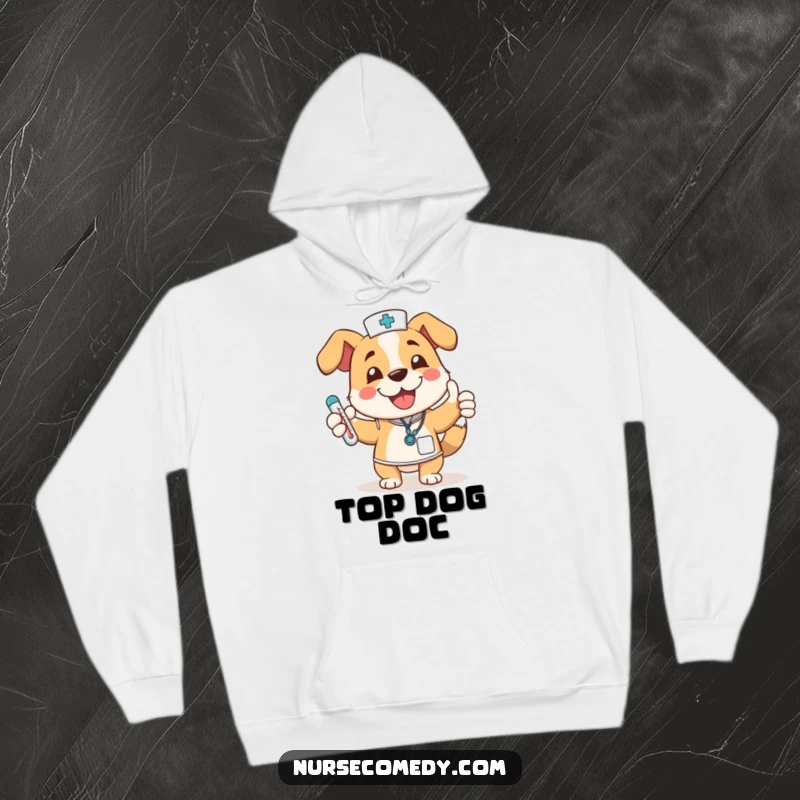 Funny dog nurse character on a hoodie, wagging tail, thumbs up, thermometer, providing warmth and humorous cheer for nurses.