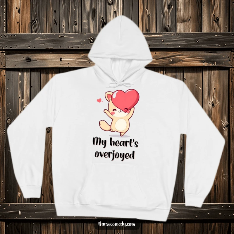 Funny Kawaii Animal Hoodie with a cute character gleefully dancing holding a heart, perfect for cozy dance parties.