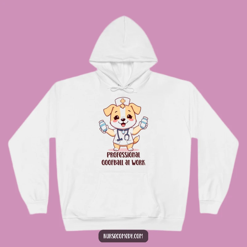 Cozy Funny Kawaii Dog Nurse Hoodie: Juggling Medicine Bottles with Delight