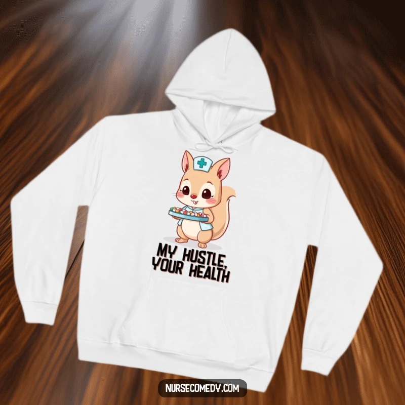 Funny hoodie featuring a squirrel nurse character balancing a tray of tiny pills, symbolizing precision.