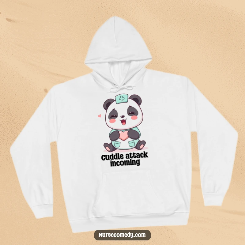 Funny Kawaii Panda Nurse Hoodie, adorable cartoon panda giving a warm hug, heart emblem on chest, perfect for cozy, cheerful wear.