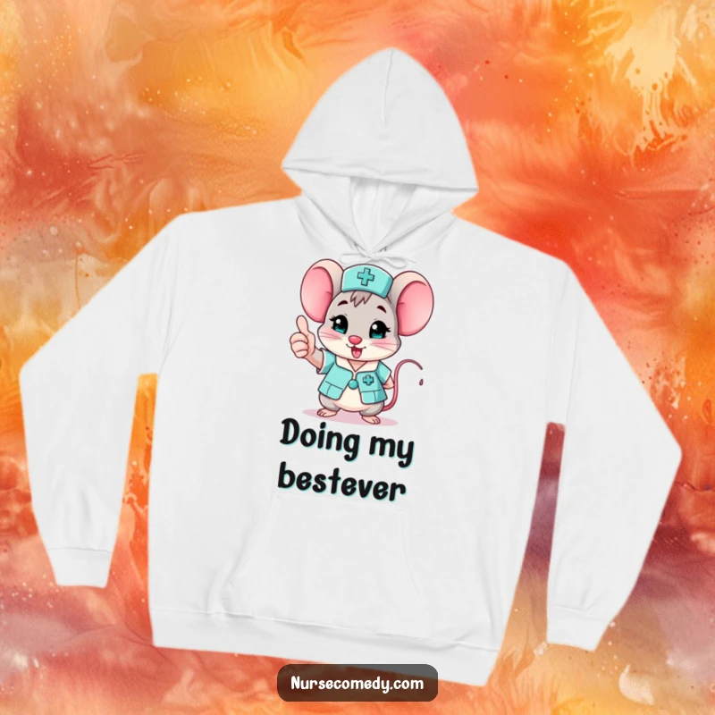 Funny mouse nurse character in a hoodie giving an enthusiastic thumbs up, ideal for a funny gift.