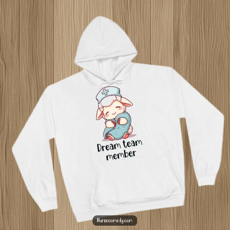 Funny sheep nurse character on a hoodie, nightcap, comfort blanket, providing warmth and humorous coziness for sleep.