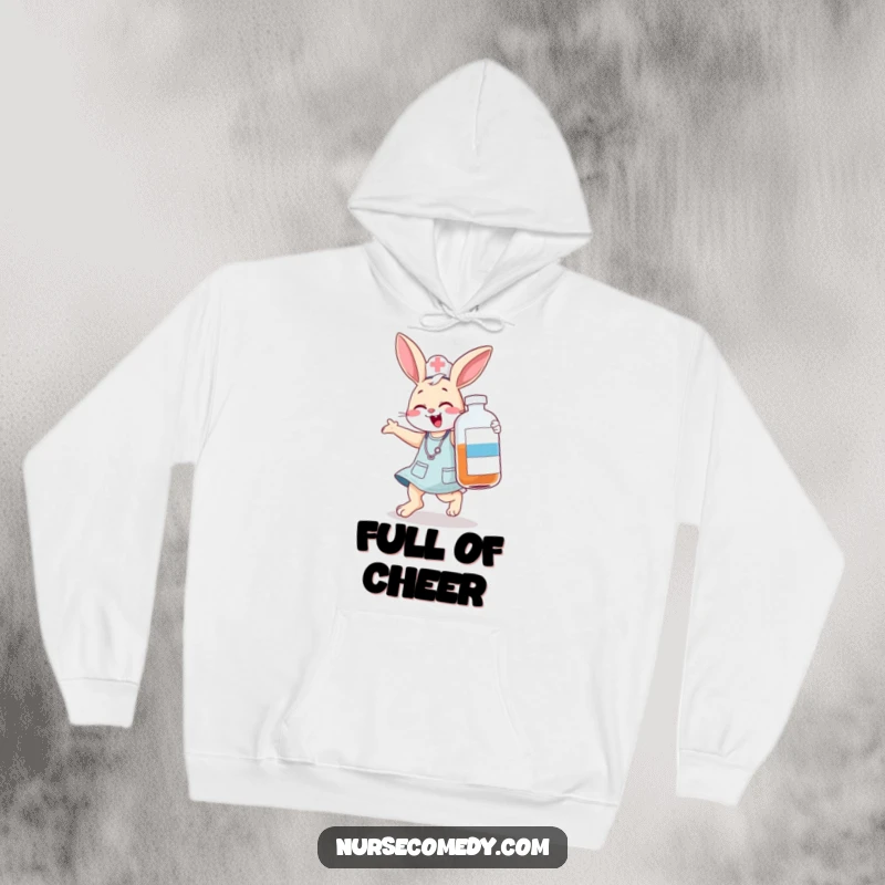 Funny bunny nurse hoodie, a jumping character humorously giggling with a large medicine bottle, excellent funny gift.