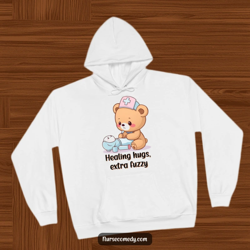 A lovable bear cub in a nurse hat humorously checks on a toy patient, perfect for a cozy hoodie.