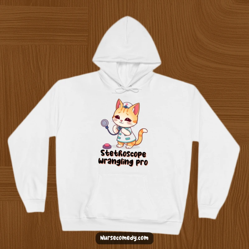 Funny Cat Nurse Hoodie showcasing a cute cat doctor character energetically playing with a stethoscope, radiating warmth and humor.