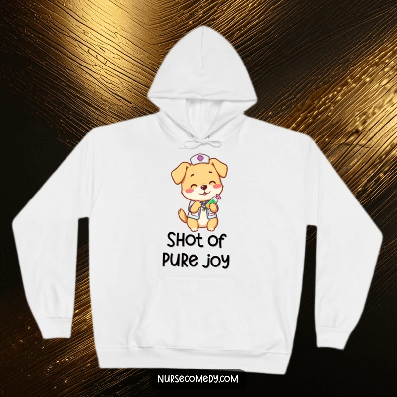 Funny dog nurse playfully administering a vitamin shot, featured on a soft hoodie, offering cozy humor and a funny gift.
