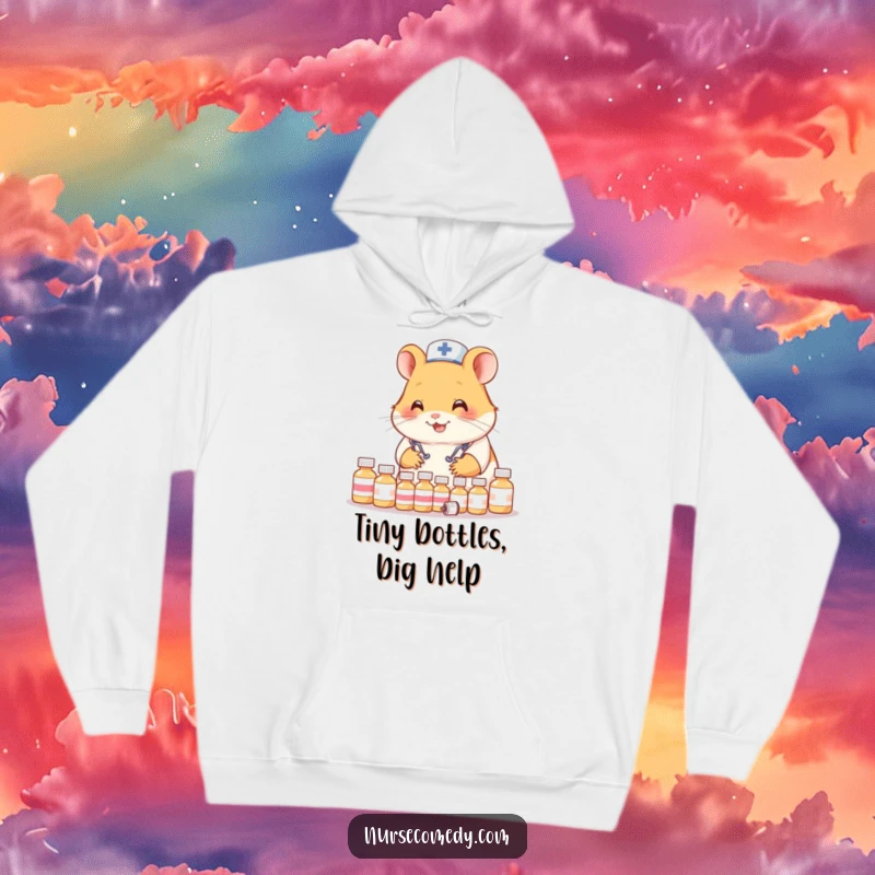 Funny Hamster Nurse Hoodie: Soft, warm hoodie featuring a smiling hamster doctor organizing tiny medical supplies.